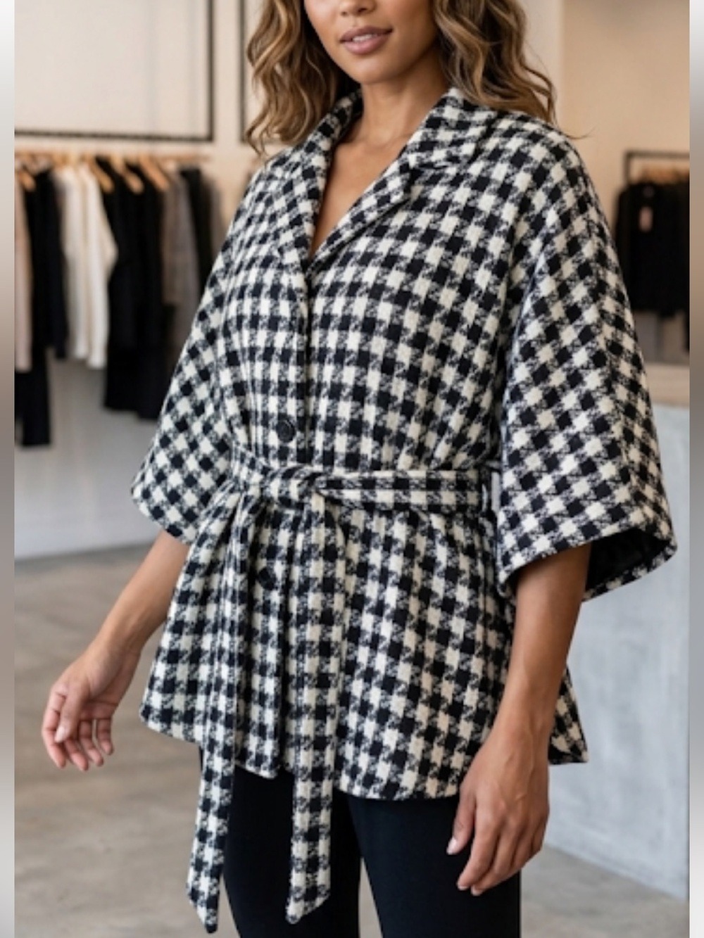 Juicy Couture Houndstooth Cape Poncho NWT One Size Belted Black White